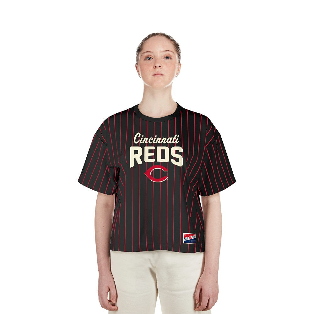 MLB Cincinnati Reds New Era Women's Cooperstown Collection Multiplier Pinstripe Cropped T-Shirt