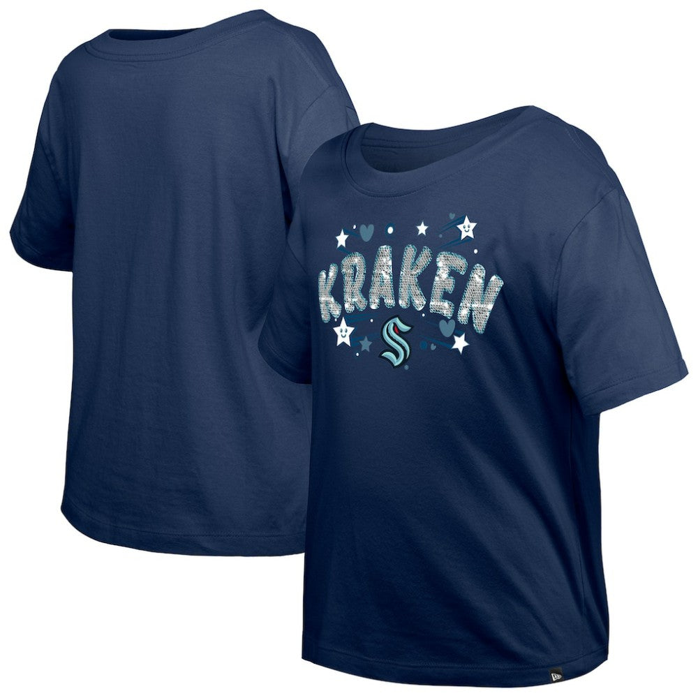 NHL Deep Sea Blue Seattle Kraken New Era Girl's Youth Flip Sequin T-Shirt