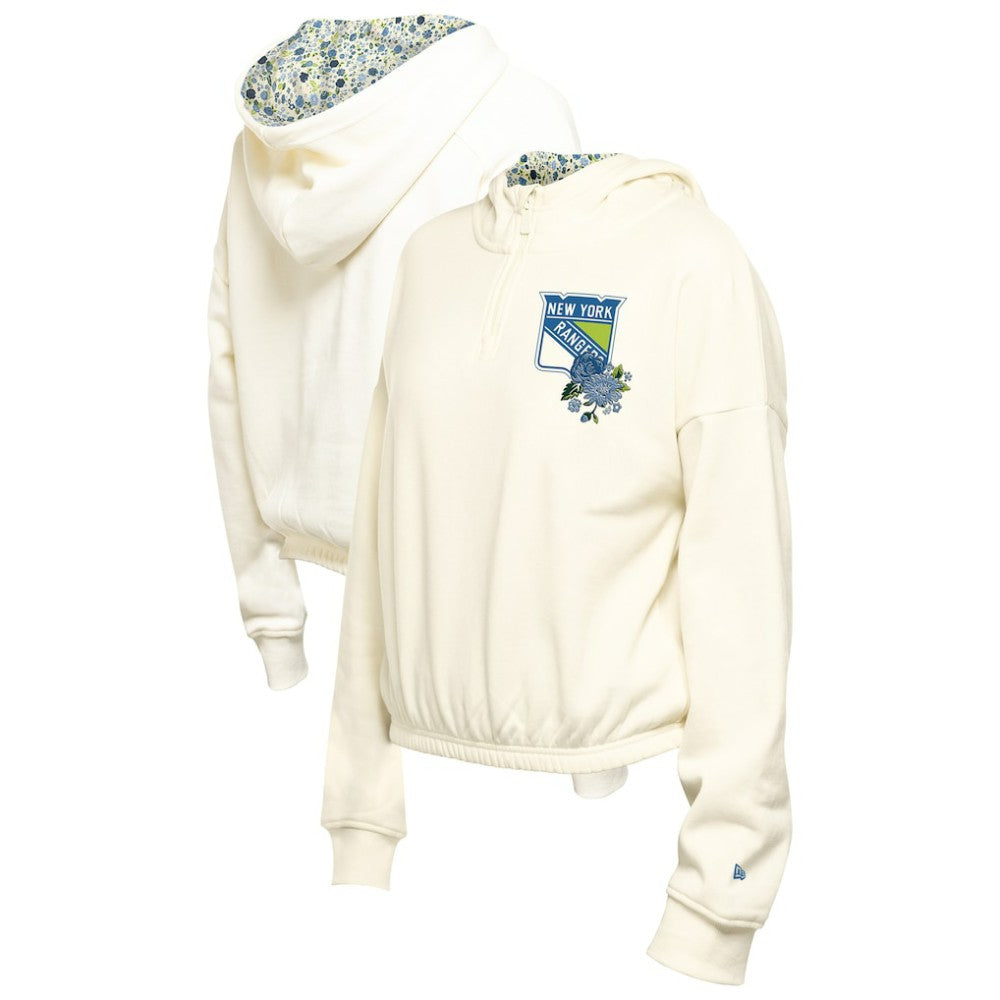 NHL Cream New York Rangers New Era Women's Glam Game Quarter-Zip Cropped Floral Hoodie Pullover