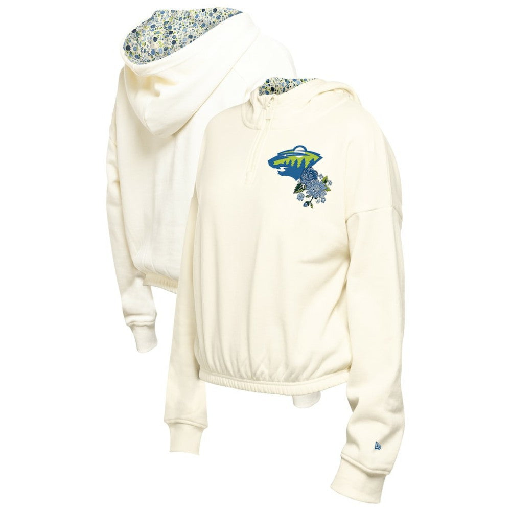 NHL Cream Minnesota Wild New Era Women's Glam Game Quarter-Zip Cropped Floral Hoodie Pullover