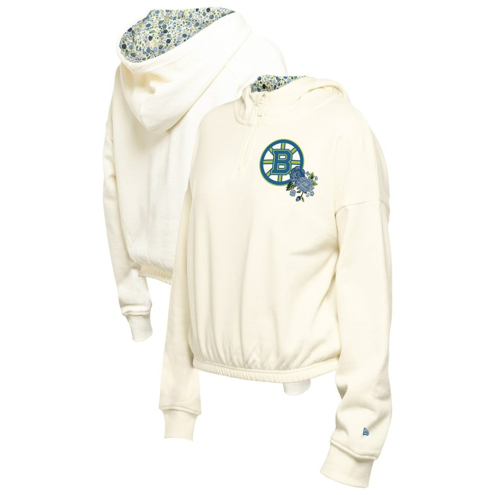 NHL Cream Boston Bruins New Era Women's Glam Game Quarter-Zip Cropped Floral Hoodie Pullover