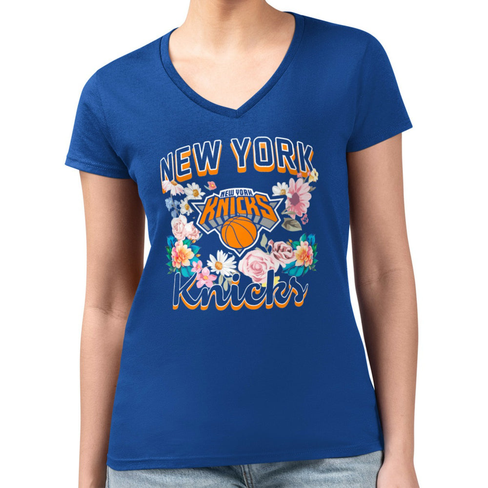 NBA New York Knicks G-III 4Her by Carl Banks Women's Super-Slim Fit Lightweight Flowers Team Logo Graphic V-Neck T-Shirt