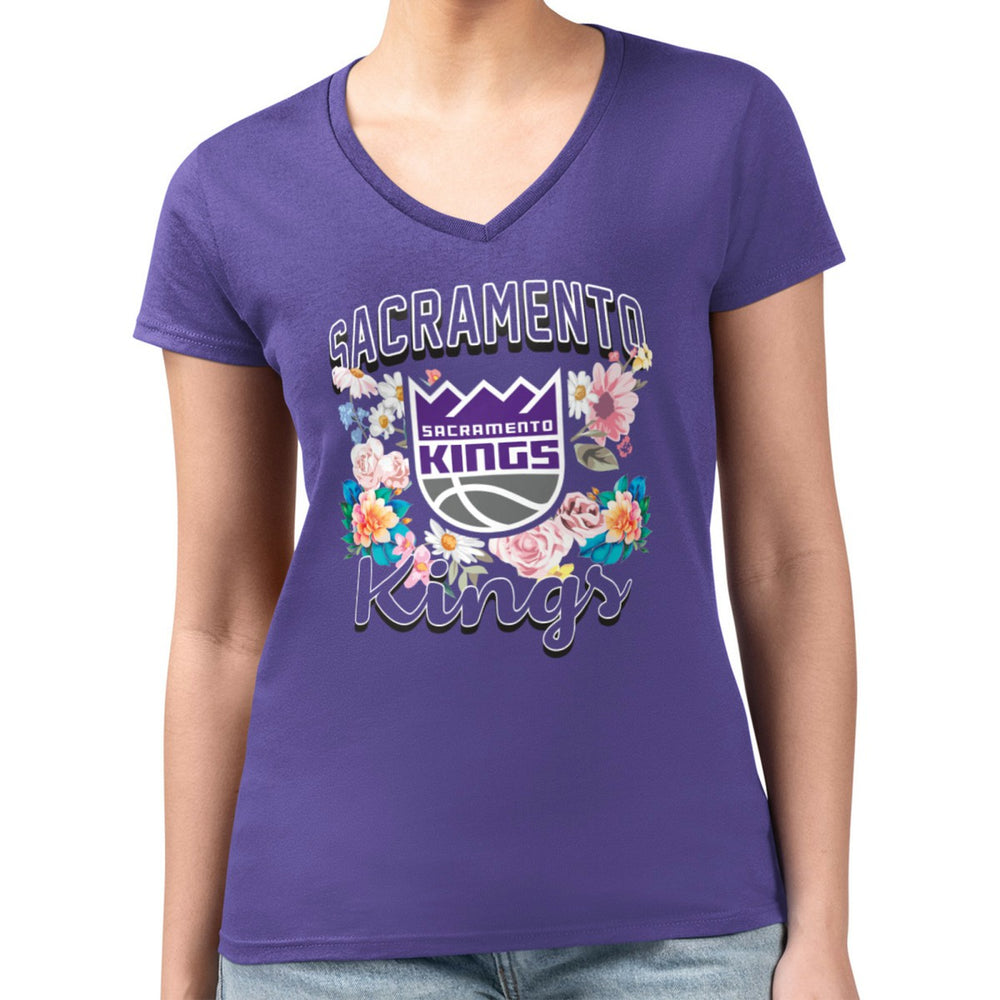NBA Sacramento Kings G-III 4Her by Carl Banks Women's Super-Slim Fit Lightweight Flowers Team Logo Graphic V-Neck T-Shirt