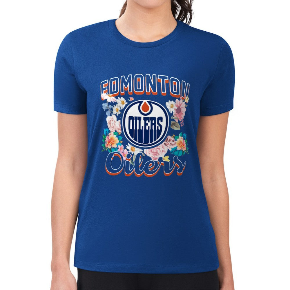 NHL Royal Edmonton Oilers G-III 4Her by Carl Banks Women's Super-Slim Fit Lightweight Flower Logo T-Shirt