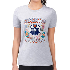 NHL Heather Gray Edmonton Oilers G-III 4Her by Carl Banks Women's Super-Slim Fit Lightweight Flower Logo T-Shirt