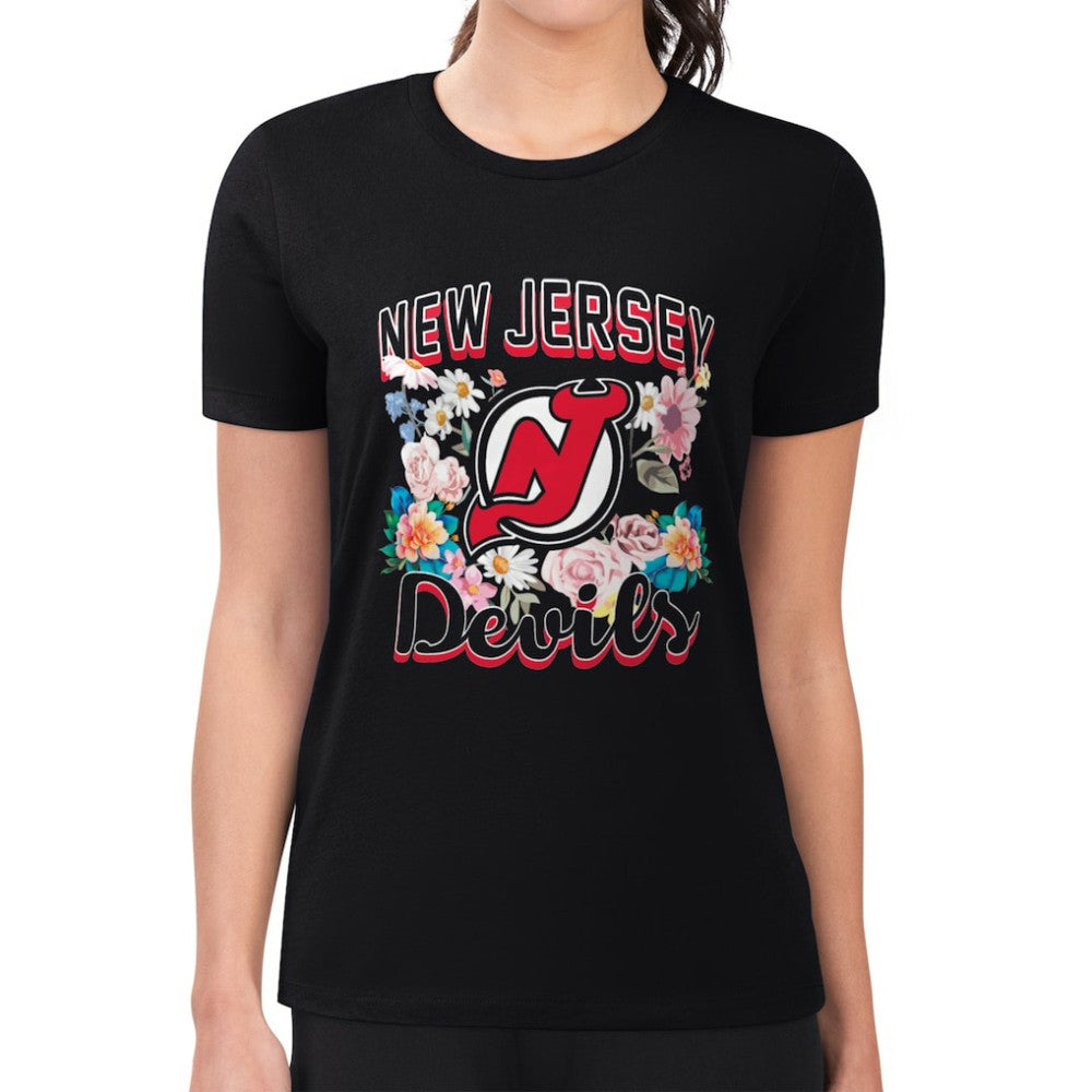 NHL Black New Jersey Devils G-III 4Her by Carl Banks Women's Super-Slim Fit Lightweight Flower Logo T-Shirt