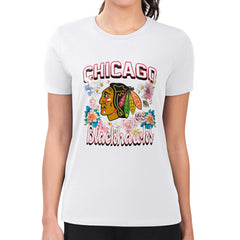 NHL White Chicago Blackhawks G-III 4Her by Carl Banks Women's Super-Slim Fit Lightweight Flower Logo T-Shirt
