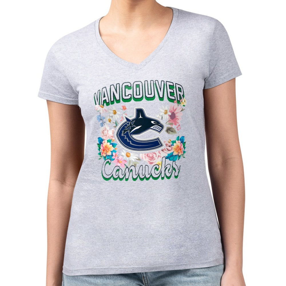 NHL Heather Gray Vancouver Canucks G-III 4Her by Carl Banks Women's Super-Slim Fit Lightweight Flower Logo V-Neck T-Shirt