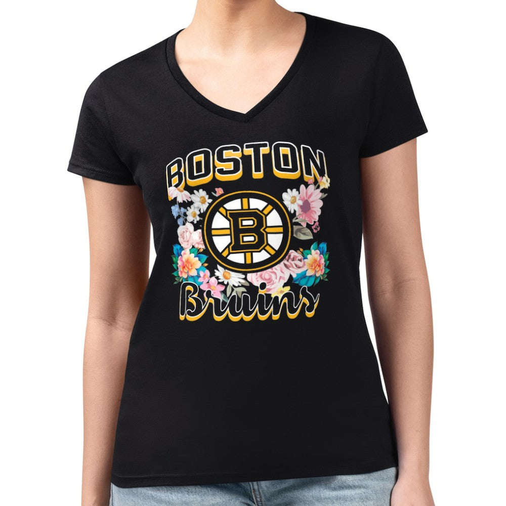 NHL Black Boston Bruins G-III 4Her by Carl Banks Women's Super-Slim Fit Lightweight Flower Logo V-Neck T-Shirt