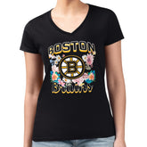 NHL Black Boston Bruins G-III 4Her by Carl Banks Women's Super-Slim Fit Lightweight Flower Logo V-Neck T-Shirt