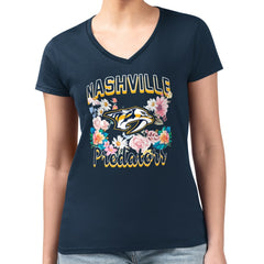 NHL Navy Nashville Predators G-III 4Her by Carl Banks Women's Super-Slim Fit Lightweight Flower Logo V-Neck T-Shirt
