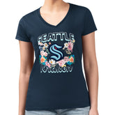 NHL Navy Seattle Kraken G-III 4Her by Carl Banks Women's Super-Slim Fit Lightweight Flower Logo V-Neck T-Shirt