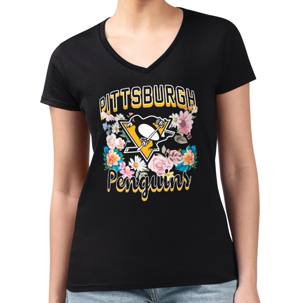 NHL Black Pittsburgh Penguins G-III 4Her by Carl Banks Women's Super-Slim Fit Lightweight Flower Logo V-Neck T-Shirt
