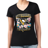 NHL Black Pittsburgh Penguins G-III 4Her by Carl Banks Women's Super-Slim Fit Lightweight Flower Logo V-Neck T-Shirt