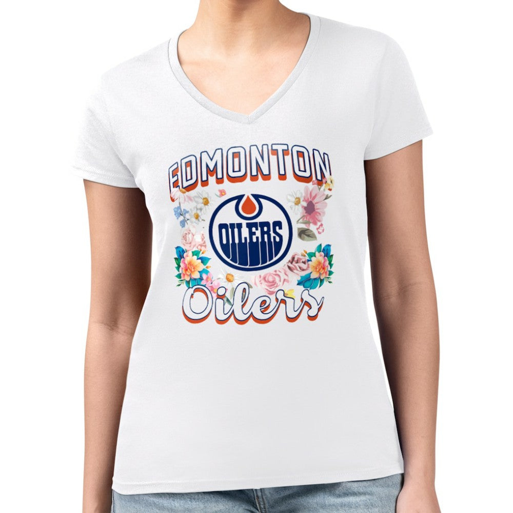 NHL White Edmonton Oilers G-III 4Her by Carl Banks Women's Super-Slim Fit Lightweight Flower Logo V-Neck T-Shirt