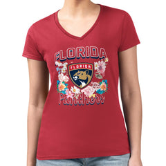 NHL Red Florida Panthers G-III 4Her by Carl Banks Women's Super-Slim Fit Lightweight Flower Logo V-Neck T-Shirt