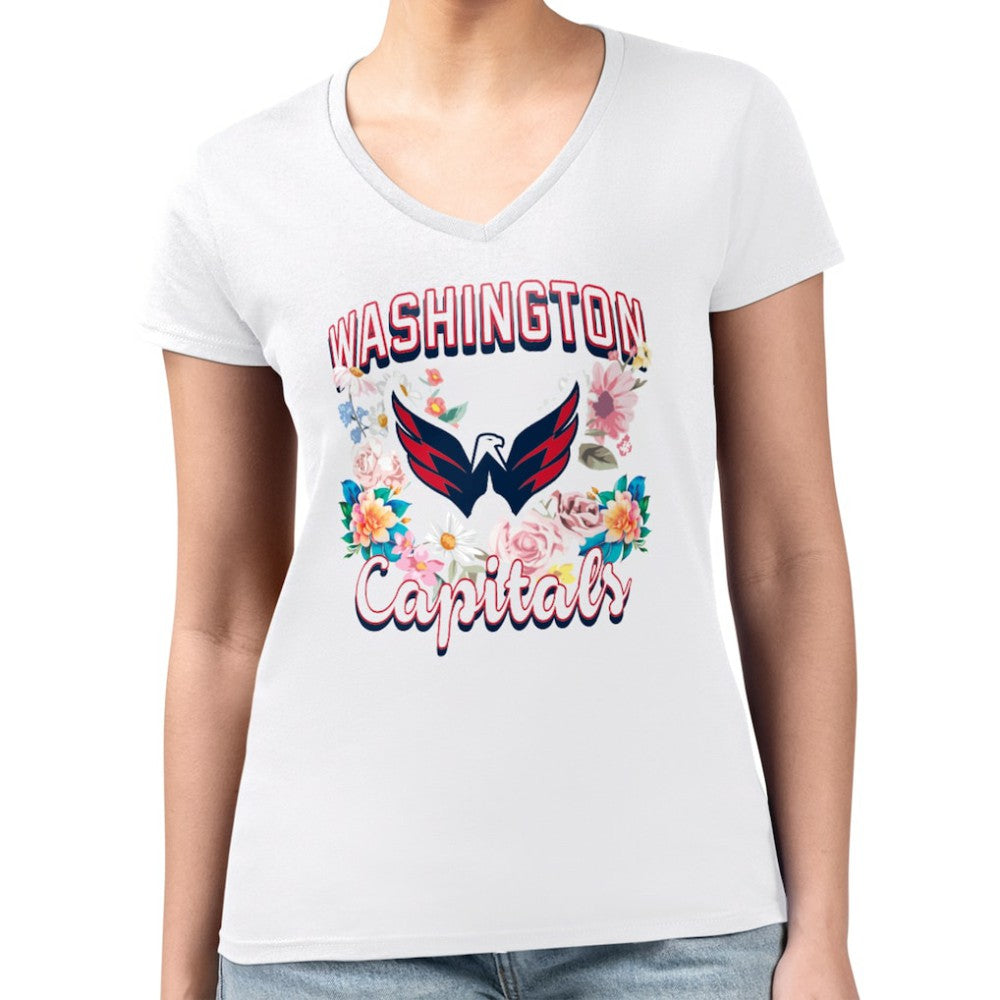 NHL White Washington Capitals G-III 4Her by Carl Banks Women's Super-Slim Fit Lightweight Flower Logo V-Neck T-Shirt