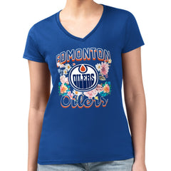 NHL Royal Edmonton Oilers G-III 4Her by Carl Banks Women's Super-Slim Fit Lightweight Flower Logo V-Neck T-Shirt