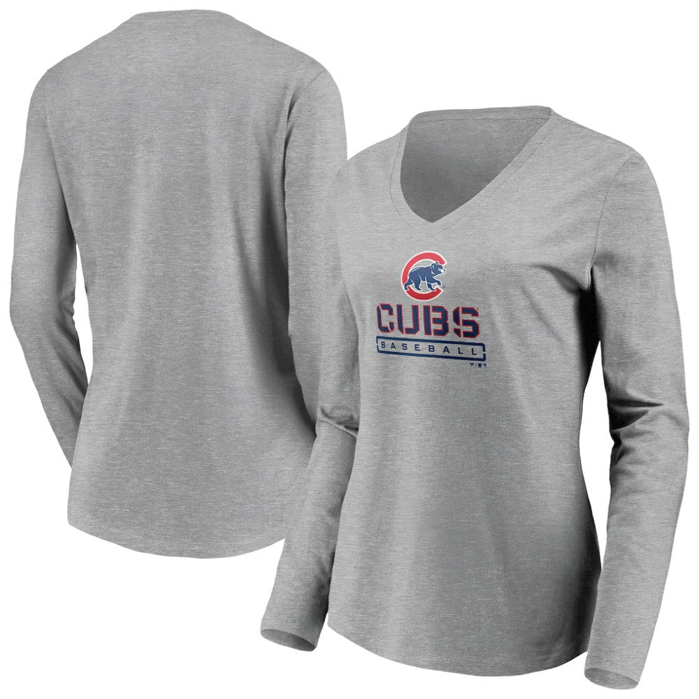 MLB Chicago Cubs Women's Evanston Stencil Long Sleeve V-Neck T-Shirt