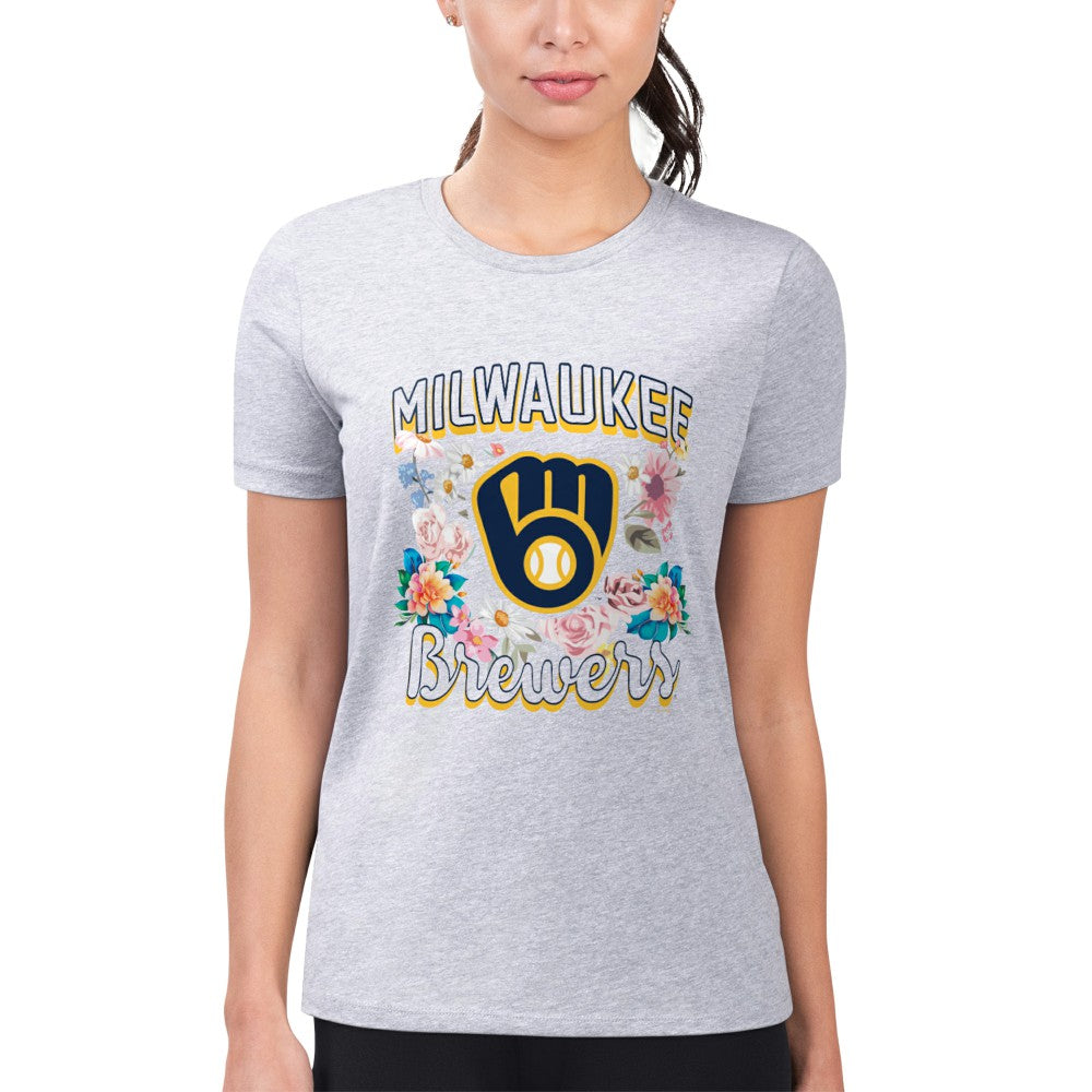 MLB Milwaukee Brewers G-III 4Her by Carl Banks Women's Super-Slim Fit Lightweight Flowers Graphic T-Shirt