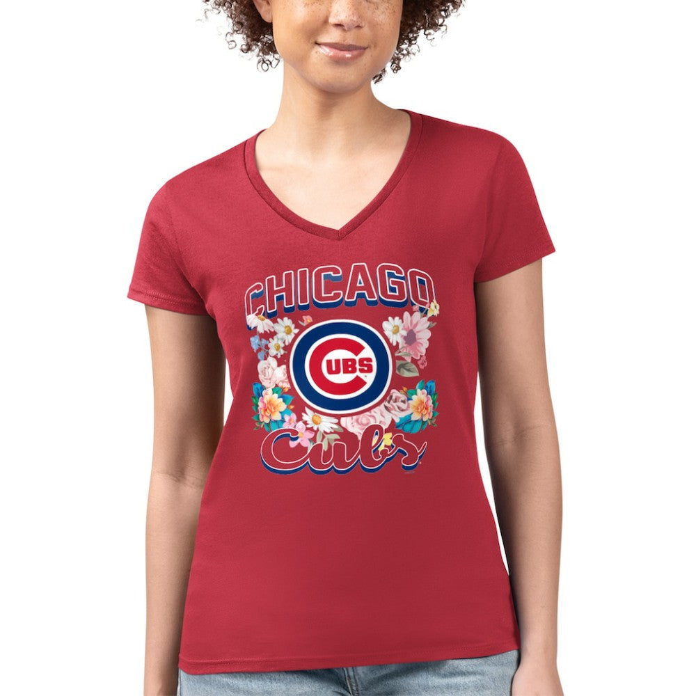 MLB Chicago Cubs G-III 4Her by Carl Banks Women's Super-Slim Fit Lightweight Flowers Graphic V-Neck T-Shirt