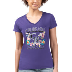 MLB Colorado Rockies G-III 4Her by Carl Banks Women's Super-Slim Fit Lightweight Flowers Graphic V-Neck T-Shirt