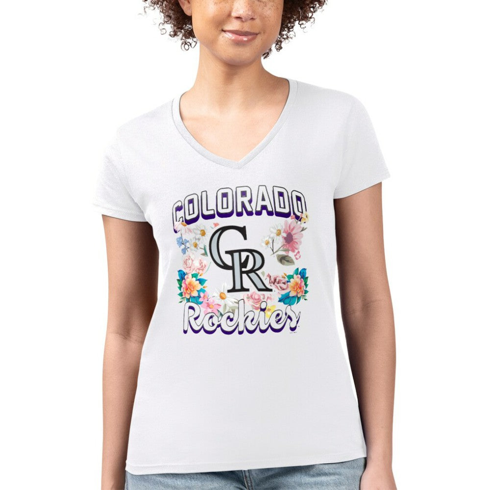 MLB Colorado Rockies G-III 4Her by Carl Banks Women's Super-Slim Fit Lightweight Flowers Graphic V-Neck T-Shirt