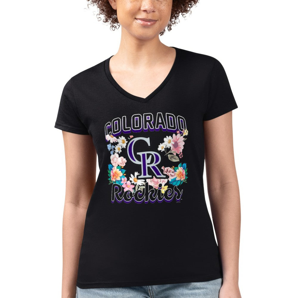 MLB Colorado Rockies G-III 4Her by Carl Banks Women's Super-Slim Fit Lightweight Flowers Graphic V-Neck T-Shirt