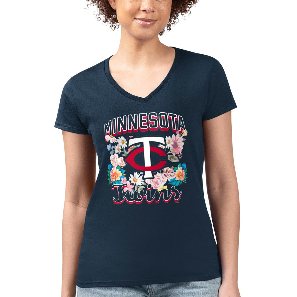 MLB Minnesota Twins G-III 4Her by Carl Banks Women's Super-Slim Fit Lightweight Flowers Graphic V-Neck T-Shirt