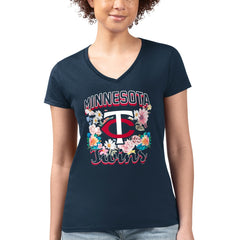 MLB Minnesota Twins G-III 4Her by Carl Banks Women's Super-Slim Fit Lightweight Flowers Graphic V-Neck T-Shirt