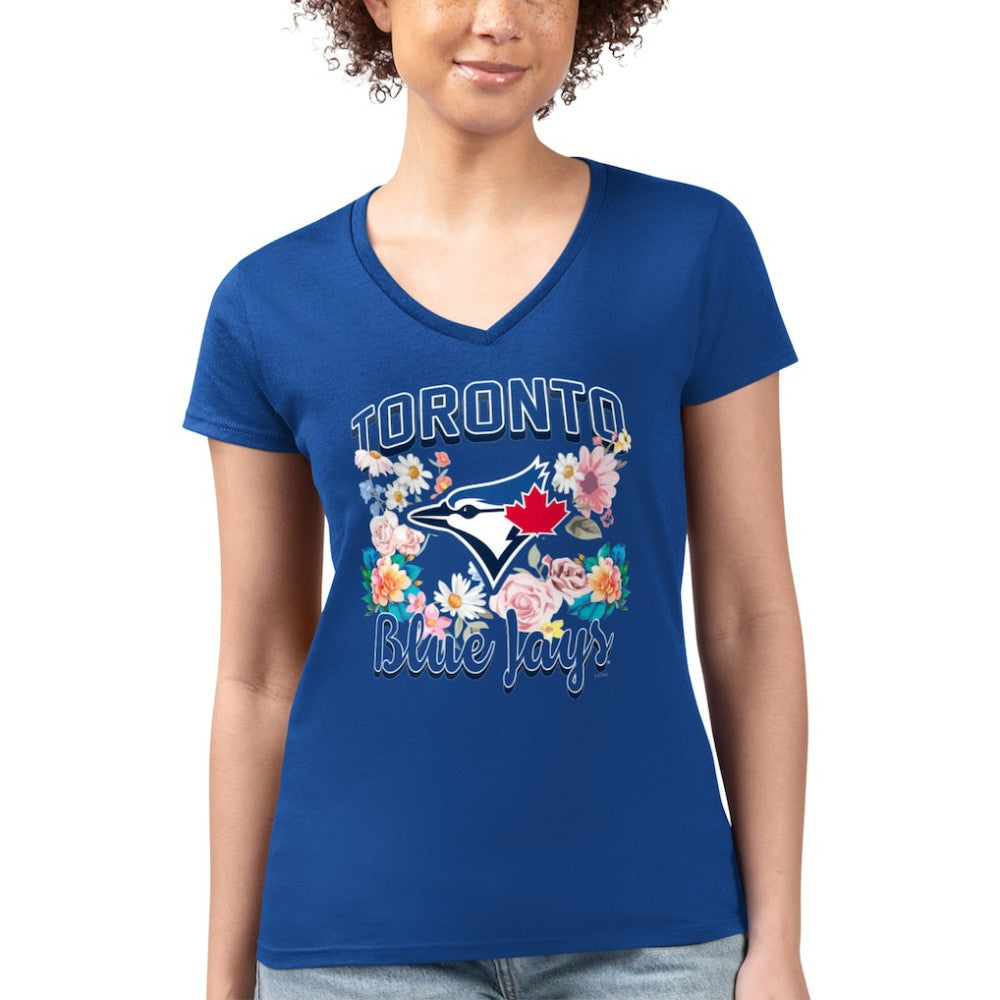 MLB Toronto Blue Jays G-III 4Her by Carl Banks Women's Super-Slim Fit Lightweight Flowers Graphic V-Neck T-Shirt