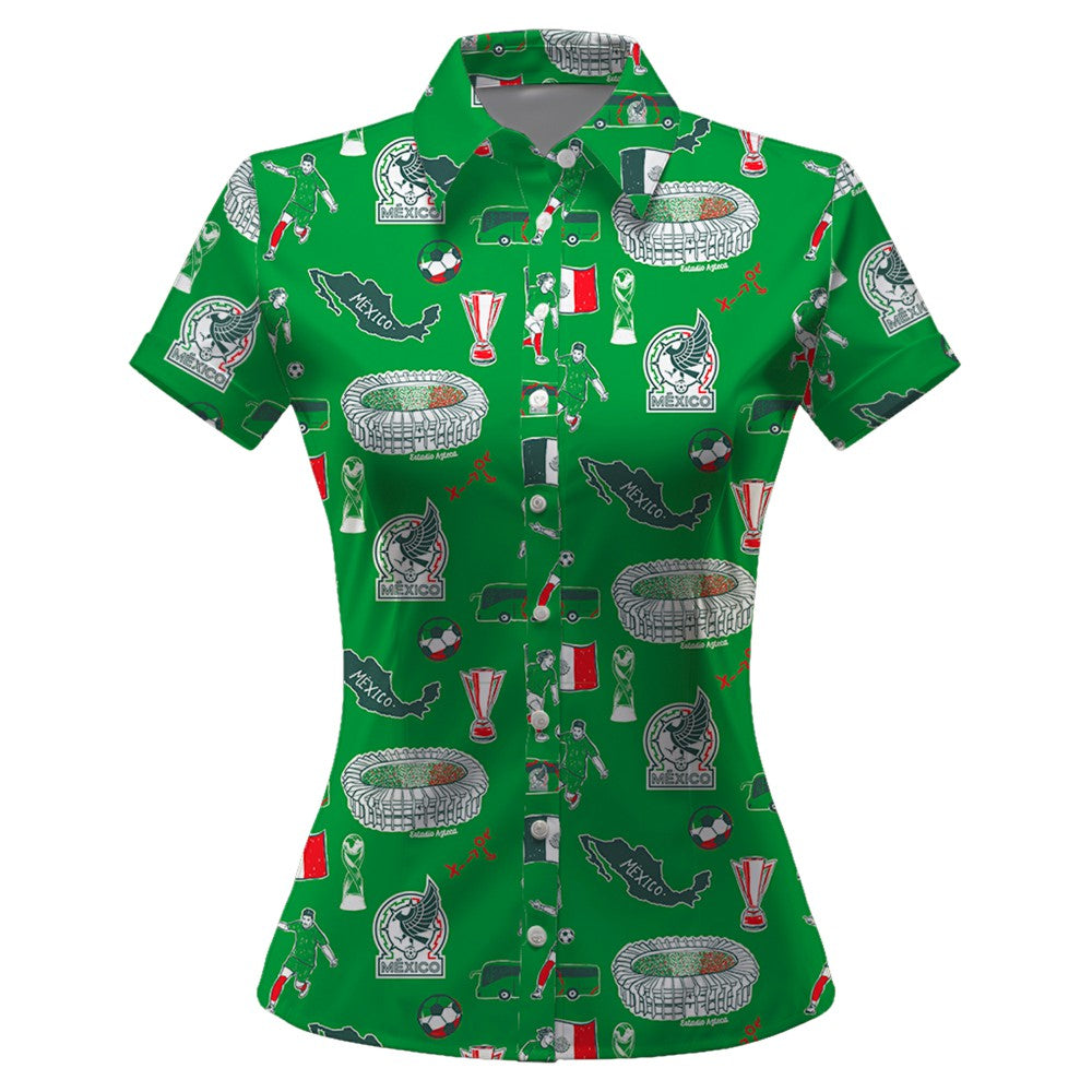 Mexico National Team Vive La Fete Women's Impressions Artwork Button-Up Shirt - Green