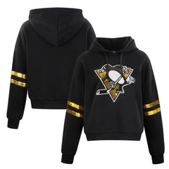 NHL Black Pittsburgh Penguins Cuce Women's Sequin Cropped Pullover Hoodie
