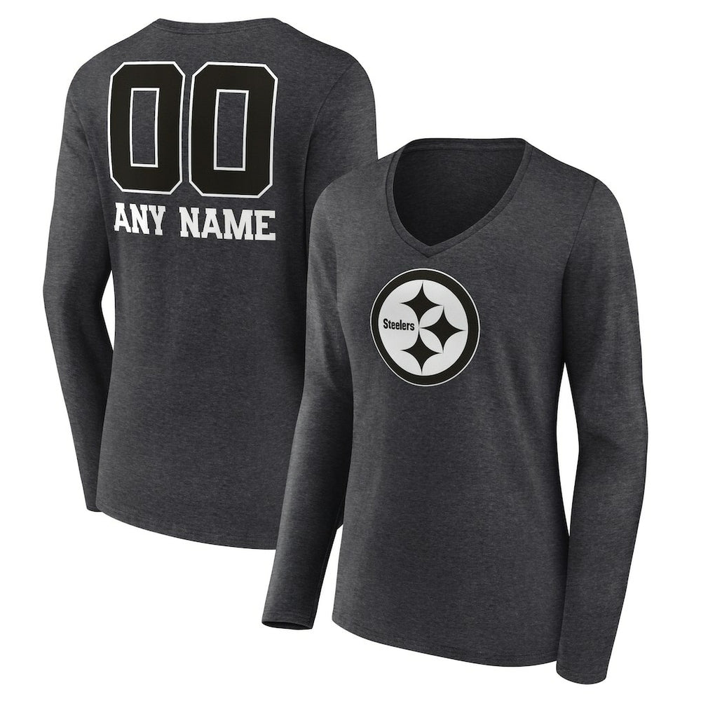 Women's Personalized Name & Number Monochrome V-neck T-Shirt - Pittsburgh Steelers