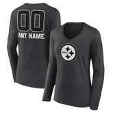 Women's Personalized Name & Number Monochrome V-neck T-Shirt - Pittsburgh Steelers