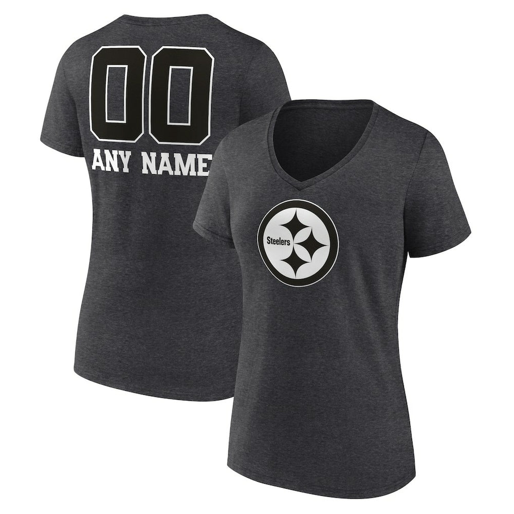 Women's Personalized Name & Number Monochrome V-Neck Long Sleeve T-Shirt - Pittsburgh Steelers