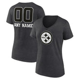 Women's Personalized Name & Number Monochrome V-Neck Long Sleeve T-Shirt - Pittsburgh Steelers