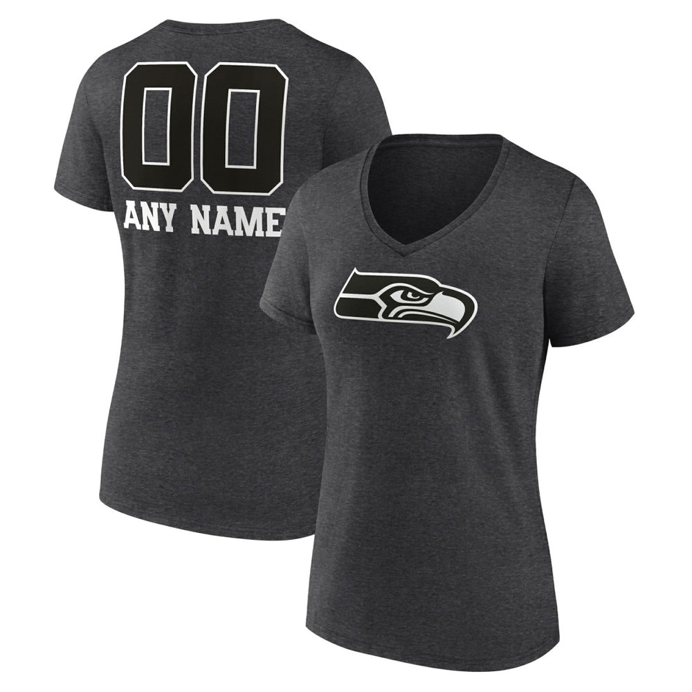 Women's Personalized Name & Number Monochrome V-Neck Long Sleeve T-Shirt - Seattle Seahawks