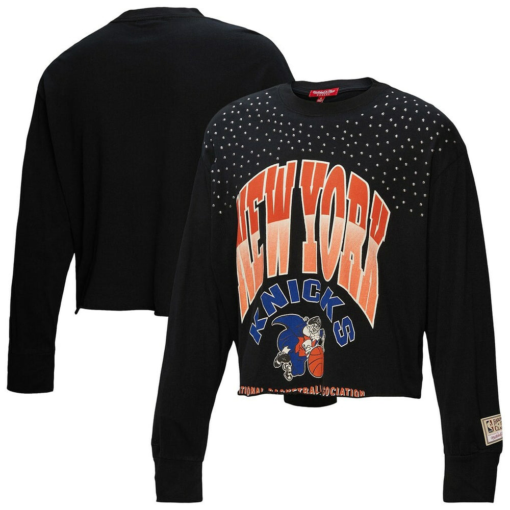 NBA New York Knicks Women's Hardwood Classics Studded Boxy Cropped Long Sleeve T-Shirt