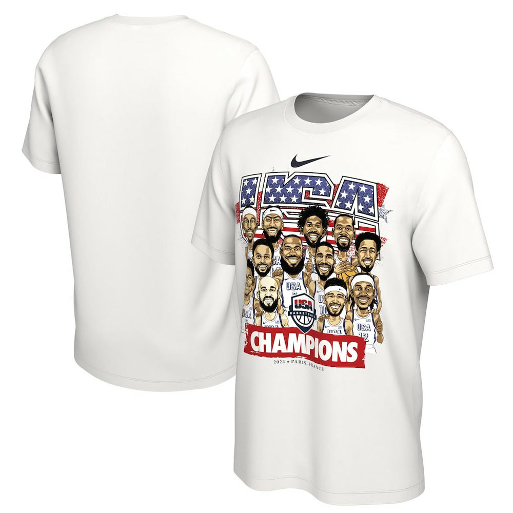 NBA USA Men's Basketball Unisex 2024 Summer Olympics Gold Medal Team Caricature T-Shirt