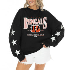 Gameday Couture Women's Rhinestone Star Sleeve Settle the Score Oversized Tri-Blend Pullover - Cincinnati Bengals