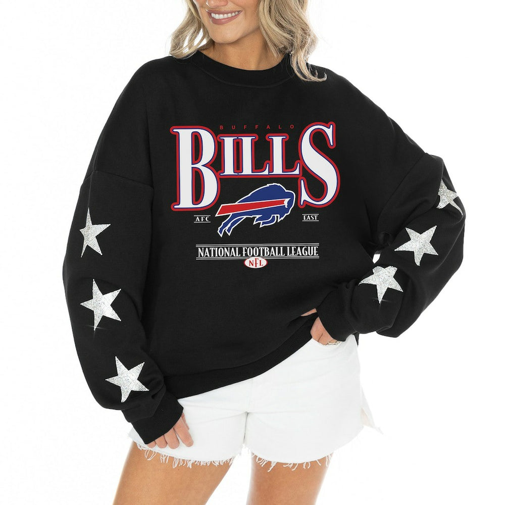 Gameday Couture Women's Rhinestone Star Sleeve Settle the Score Oversized Tri-Blend Pullover - Buffalo Bills