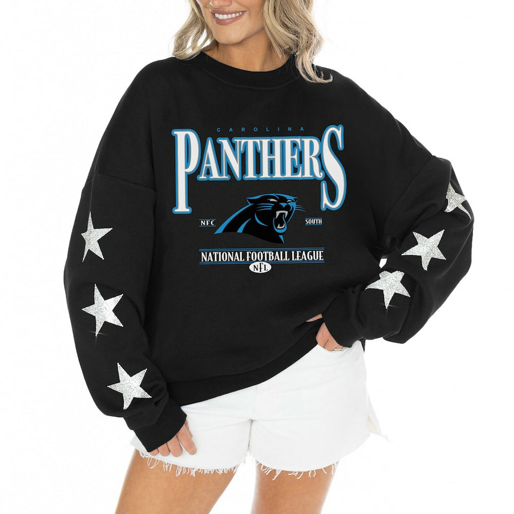 Gameday Couture Women's Rhinestone Star Sleeve Settle the Score Oversized Tri-Blend Pullover - Carolina Panthers