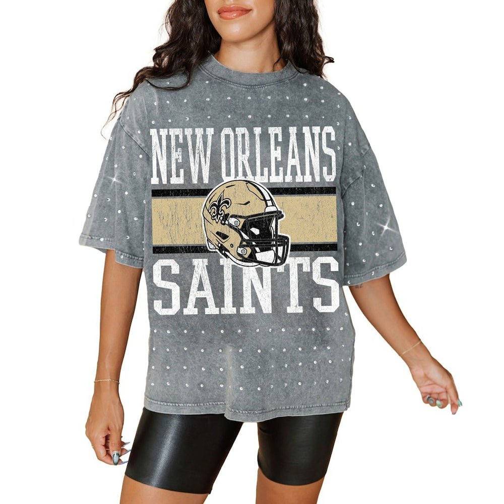 Gameday Couture Women's Oversized Mini Rhinestone Classic T-Shirt - New Orleans Saints