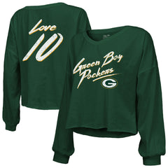 Jordan Love Majestic Threads Women's Name & Number Off-Shoulder Script Cropped Long Sleeve Relaxed V-Neck T-Shirt - Green Bay Packers