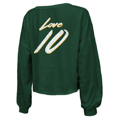 Jordan Love Majestic Threads Women's Name & Number Off-Shoulder Script Cropped Long Sleeve Relaxed V-Neck T-Shirt - Green Bay Packers