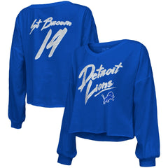 Amon-Ra St. Brown Majestic Threads Women's Name & Number Off-Shoulder Script Cropped Long Sleeve Relaxed V-Neck T-Shirt - Detroit Lions