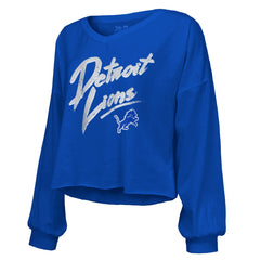 Amon-Ra St. Brown Majestic Threads Women's Name & Number Off-Shoulder Script Cropped Long Sleeve Relaxed V-Neck T-Shirt - Detroit Lions