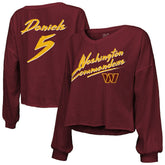 Jayden Daniels Majestic Threads Women's Name & Number Off-Shoulder Script Cropped Long Sleeve Relaxed V-Neck T-Shirt - Washington Commanders