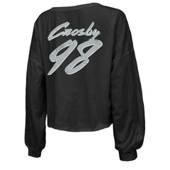 Maxx Crosby Majestic Threads Women's Name & Number Off-Shoulder Script Cropped Long Sleeve Relaxed V-Neck T-Shirt - Las Vegas Raiders
